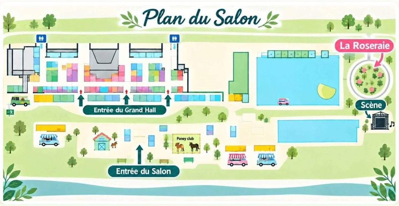Plan du salon : Grand Hall, entrées, poney club, La Roseraie et la Scène